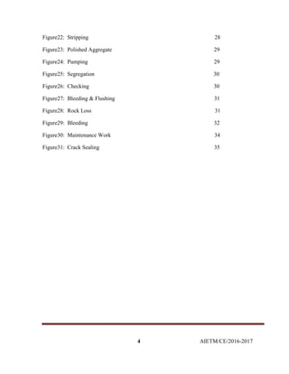 4 AIETM/CE/2016-2017
Figure22: Stripping 28
Figure23: Polished Aggregate 29
Figure24: Pumping 29
Figure25: Segregation 30
Figure26: Checking 30
Figure27: Bleeding & Flushing 31
Figure28: Rock Loss 31
Figure29: Bleeding 32
Figure30: Maintenance Work 34
Figure31: Crack Sealing 35
 