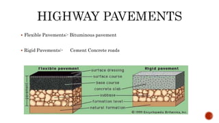  Flexible Pavements:- Bituminous pavement
 Rigid Pavements:- Cement Concrete roads
 