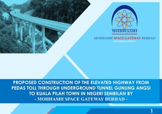 MOHHASHI SPACE GATEWAY BERHAD
201701024614 (1238780-P)
PROPOSED CONSTRUCTION OF THE ELEVATED HIGHWAY FROM
PEDAS TOLL THROUGH UNDERGROUND TUNNEL GUNUNG ANGSI
TO KUALA PILAH TOWN IN NEGERI SEMBILAN BY
- MOHHASHI SPACE GATEWAY BERHAD -
1
 