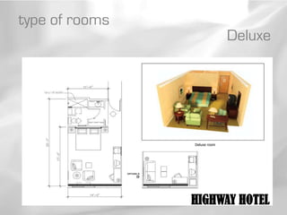 type of rooms
                              Deluxe




                Deluxe room




                HIGHWAY HOTEL
 