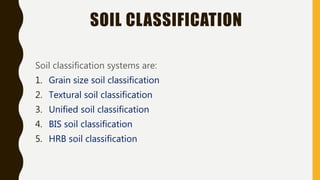 SOIL CLASSIFICATION
Soil classification systems are:
1. Grain size soil classification
2. Textural soil classification
3. Unified soil classification
4. BIS soil classification
5. HRB soil classification
 