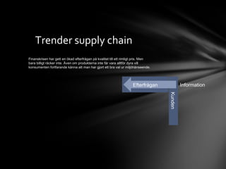 Information Efterfrågan Finanskrisen har gett en ökad efterfrågan på kvalitet till ett rimligt pris. Men bara billigt räcker inte. Även om produkterna inte får vara alltför dyra vill konsumenten fortfarande känna att man har gjort ett bra val ur miljöhänseende. Kunden Trender supply chain 
