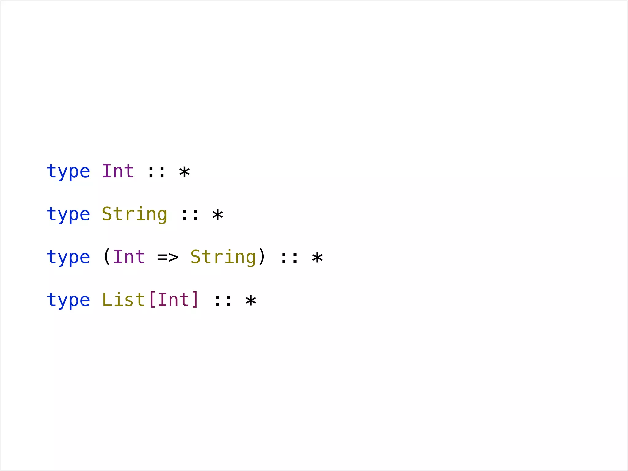 type Int :: *

type String :: *

type (Int => String) :: *

type List[Int] :: *
 