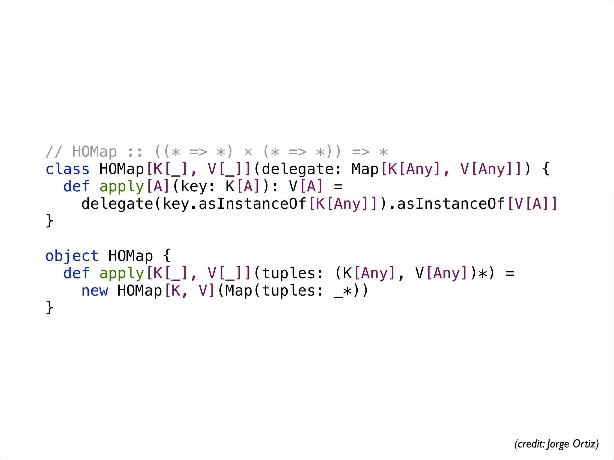 // HOMap :: ((* => *) × (* => *)) => *
class HOMap[K[_], V[_]](delegate: Map[K[Any], V[Any]]) {
  def apply[A](key: K[A]): V[A] =
    delegate(key.asInstanceOf[K[Any]]).asInstanceOf[V[A]]
}

object HOMap {
  def apply[K[_], V[_]](tuples: (K[Any], V[Any])*) =
    new HOMap[K, V](Map(tuples: _*))
}




                                                   (credit: Jorge Ortiz)
 