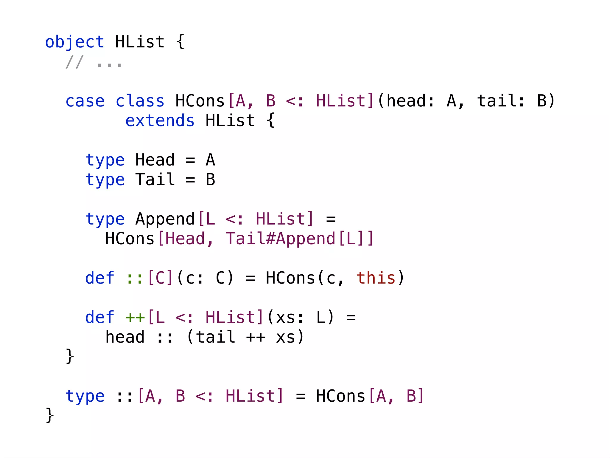 object HList {
  // ...

    case class HCons[A, B <: HList](head: A, tail: B)
          extends HList {

        type Head = A
        type Tail = B

        type Append[L <: HList] =
          HCons[Head, Tail#Append[L]]

        def ::[C](c: C) = HCons(c, this)

        def ++[L <: HList](xs: L) =
          head :: (tail ++ xs)
    }

    type ::[A, B <: HList] = HCons[A, B]
}
 
