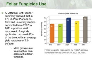 Foliar Fungicide Use

A 2012 DuPont Pioneer
summary showed that in
475 DuPont Pioneer on-
farm and university studies
conducted from 2007 to
2011 a positive yield
response to fungicide
application occurred 80%
of the time, with an average
yield response of 7.0
bu/acre.
     • More growers are
                               Foliar fungicide application by NCGA national
       treating their corn
                               corn yield contest winners in 2007 to 2011.
       acres with a foliar
       fungicide.
 