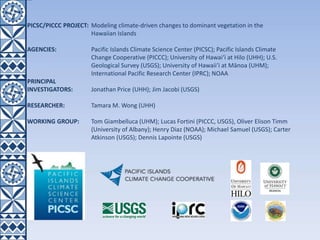 PICSC/PICCC PROJECT: Modeling climate-driven changes to dominant vegetation in the
Hawaiian Islands
AGENCIES: Pacific Islands Climate Science Center (PICSC); Pacific Islands Climate
Change Cooperative (PICCC); University of Hawaiʻi at Hilo (UHH); U.S.
Geological Survey (USGS); University of Hawaiiʻi at Mānoa (UHM);
International Pacific Research Center (IPRC); NOAA
PRINCIPAL
INVESTIGATORS: Jonathan Price (UHH); Jim Jacobi (USGS)
RESEARCHER: Tamara M. Wong (UHH)
WORKING GROUP: Tom Giambelluca (UHM); Lucas Fortini (PICCC, USGS), Oliver Elison Timm
(University of Albany); Henry Diaz (NOAA); Michael Samuel (USGS); Carter
Atkinson (USGS); Dennis Lapointe (USGS)
 