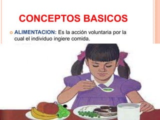 CONCEPTOS BASICOS
   ALIMENTACION: Es la acción voluntaria por la
    cual el individuo ingiere comida.
 