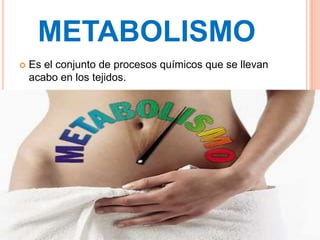 METABOLISMO
   Es el conjunto de procesos químicos que se llevan
    acabo en los tejidos.
 