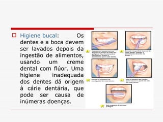 Higiene bucal : Os dentes e a boca devem ser lavados depois da ingestão de alimentos, usando um creme dental com flúor. Uma higiene inadequada dos dentes dá origem à cárie dentária, que pode ser causa de inúmeras doenças. 