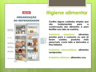Higiene alimentar
Confira alguns cuidados simples que
são fundamentais para a
conservação dos alimentos e para
facilitar sua vida na cozinha:
Prateleiras superiores: alimentos
prontos para o consumo ou que já
foram cozidos, produtos mais
perecíveis, como leite e derivados e
frios fatiados.
Prateleiras Intermediárias: alimentos
semiprontos.
Prateleiras inferiores: alimentos crus.
 