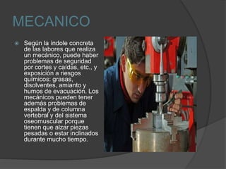 MECANICO
 Según la índole concreta
de las labores que realiza
un mecánico, puede haber
problemas de seguridad
por cortes y caídas, etc., y
exposición a riesgos
químicos: grasas,
disolventes, amianto y
humos de evacuación. Los
mecánicos pueden tener
además problemas de
espalda y de columna
vertebral y del sistema
oseomuscular porque
tienen que alzar piezas
pesadas o estar inclinados
durante mucho tiempo.
 
