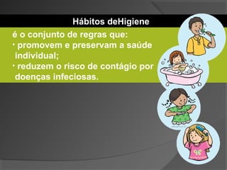 Hábitos deHigiene
é o conjunto de regras que:
• promovem e preservam a saúde
individual;
• reduzem o risco de contágio por
doenças infeciosas.
 
