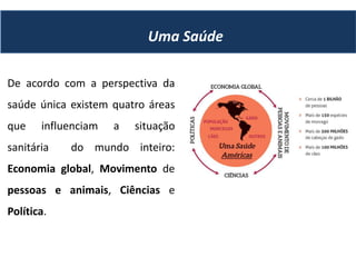 Perspectiva holística de Uma Saúde
De acordo com a perspectiva da
saúde única existem quatro áreas
que influenciam a situação
sanitária do mundo inteiro:
Economia global, Movimento de
pessoas e animais, Ciências e
Política.
Uma Saúde
 