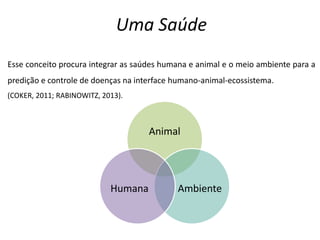 Uma Saúde
Animal
AmbienteHumana
Esse conceito procura integrar as saúdes humana e animal e o meio ambiente para a
predição e controle de doenças na interface humano-animal-ecossistema.
(COKER, 2011; RABINOWITZ, 2013).
 