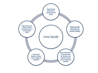 Uma Saúde
Organização
Mundial de
Saúde Animal
(OIE)
Organização
Mundial de
Saúde (OMS)
Banco Mundial e
o Coordenador
do Sistema das
Nações Unidas
para a Influenza
(UNSIC)
Fundo das
Nações Unidas
para a Infância
(UNICEF)
Organizações das
Nações Unidas
para Agricultura e
Alimentação
(FAO)
 