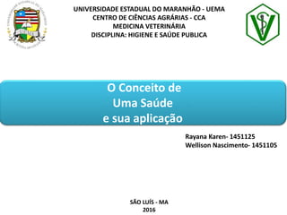 UNIVERSIDADE ESTADUAL DO MARANHÃO - UEMA
CENTRO DE CIÊNCIAS AGRÁRIAS - CCA
MEDICINA VETERINÁRIA
DISCIPLINA: HIGIENE E SAÚDE PUBLICA
Rayana Karen- 1451125
Wellison Nascimento- 1451105
SÃO LUÍS - MA
2016
O Conceito de
Uma Saúde
e sua aplicação
 