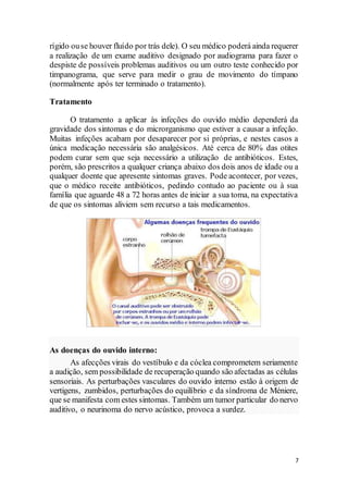 7
rígido ouse houver fluído por trás dele). O seu médico poderá ainda requerer
a realização de um exame auditivo designado por audiograma para fazer o
despiste de possíveis problemas auditivos ou um outro teste conhecido por
timpanograma, que serve para medir o grau de movimento do tímpano
(normalmente após ter terminado o tratamento).
Tratamento
O tratamento a aplicar às infeções do ouvido médio dependerá da
gravidade dos sintomas e do microrganismo que estiver a causar a infeção.
Muitas infeções acabam por desaparecer por si próprias, e nestes casos a
única medicação necessária são analgésicos. Até cerca de 80% das otites
podem curar sem que seja necessário a utilização de antibióticos. Estes,
porém, são prescritos a qualquer criança abaixo dos dois anos de idade ou a
qualquer doente que apresente sintomas graves. Pode acontecer, por vezes,
que o médico receite antibióticos, pedindo contudo ao paciente ou à sua
família que aguarde 48 a 72 horas antes de iniciar a sua toma, na expectativa
de que os sintomas aliviem sem recurso a tais medicamentos.
As doenças do ouvido interno:
As afecções virais do vestíbulo e da cóclea comprometem seriamente
a audição, sem possibilidade de recuperação quando são afectadas as células
sensoriais. As perturbações vasculares do ouvido interno estão à origem de
vertigens, zumbidos, perturbações do equilíbrio e da síndroma de Méniere,
que se manifesta com estes sintomas. Também um tumor particular do nervo
auditivo, o neurinoma do nervo acústico, provoca a surdez.
 
