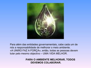 Para além das entidades governamentais, cabe cada um de nós a responsabilidade de melhorar o meio ambiente. «A UNIÃO FAZ A FORÇA», então, todas as pessoas devem lutar pelo mesmo objectivo – UMA VIDA MELHOR. PARA O AMBIENTE MELHORAR, TODOS DEVEMOS COLABORAR. 