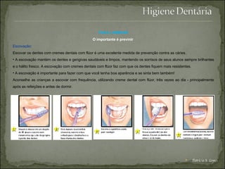 PARA LEMBRAR O importante é previnir  Escovação:  Escovar os dentes com cremes dentais com flúor é uma excelente medida de prevenção contra as cáries. A escovação mantém os dentes e gengivas saudáveis e limpos, mantendo os sorrisos de seus alunos sempre brilhantes e o hálito fresco. A escovação com cremes dentais com flúor faz com que os dentes fiquem mais resistentes.  A escovação é importante para fazer com que você tenha boa aparência e se sinta bem também!  Aconselhe as crianças a escovar com frequência, utilizando creme dental com flúor, três vezes ao dia - principalmente após as refeições e antes de dormir.  Patrícia S. Lopes 