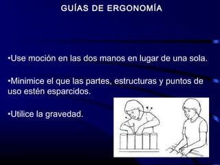 GUÍAS DE ERGONOMÍA
•Use moción en las dos manos en lugar de una sola.
•Minimice el que las partes, estructuras y puntos de
uso estén esparcidos.
•Utilice la gravedad.
 
