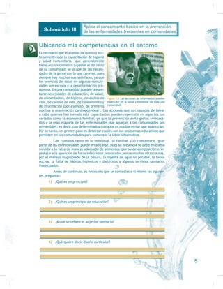 Resultados de aprendizaje
} Comprende los principios fundamentales de la
HGXFDFLyQ VDQLWDULD
} Comprende los componentes del saneamiento
básico: agua para consumo humano, disposición
sanitaria de excreciones, manejo adecuado
de desechos sólidos, fauna nociva y transmiso-
UD GH HQIHUPHGDGHV
} 3URPXHYH OD KLJLHQH DGHFXDGD GH ORV DOLPHQWRV
} 3URPXHYH ORV KiELWRV KLJLpQLFRGLHWpWLFRV SDUD
PHMRUDU ODV FRQGLFLRQHV GH VDOXG GH OD FRPXQLGDG
} $SOLFD WpFQLFDV EiVLFDV GH SULPHURV DX[LOLRV
 