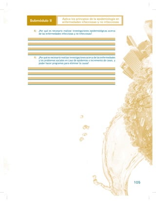 FRPHQ R TXH FRPDQ HQ OD FDPD R FXDQGR YDDQ D GRUPLU $VLPLVPR VH GHEH HYLWDU
poner a los niños cobijas pesadas o almohadones grandes y cuidar que se quiten las
FiVFDUDV D ODV IUXWDV R VHPLOODV
La caída de la lengua en adultos (que obstruye las vías respiratorias) se
puede presentar cuando el paciente se encuentra saliendo de una anestesia o se
halla en estado de inconsciencia ya sea medicamentosa o posoperatoria o por trau-
matismo craneal, depresión del sistema nervioso (como en el alcoholismo agudo),
FXDGUR GH HSLOHSVLD KLSRJOXFHPLD R EDMD GH ORV QLYHOHV GH D]~FDU HQ OD VDQJUH HWF
3DUD HO PDQHMR GH HVWH WLSR GH SHUVRQDV HQ FDVR GH REVWUXFFLyQ GH ODV YtDV
UHVSLUDWRULDV OR SULPHUR TXH GHEHPRV LQYHVWLJDU  DFODUDU HV OD FDXVD GH OD REVWUXFFLyQ
Si no se escucha ningún ruido respiratorio, es porque la obstrucción es
WRWDO GH OR FRQWUDULR HV SDUFLDO R VHD KD DOJ~Q HVSDFLR X RULÀFLR TXH SHUPLWH HO
SDVR GH DLUH 'HEHPRV KDEODUOH DO SDFLHQWH H LQIRUPDUOH TXH VH OH YD D DXGDU FRQ
HO ÀQ GH GLVPLQXLU VX DQJXVWLD
En caso de que la obs-
trucción sea parcial, se le debe so-
licitar al paciente consciente que
tosa en forma intensa y brusca has-
WD TXH H[SXOVH HO REMHWR H[WUDxR
3HUR VL OD REVWUXFFLyQ HV WRWDO HV
preciso practicarle la maniobra de
desobstrucción, la cual indica que
se debe levantar al paciente (con
la ayuda de dos o más voluntarios)
y sostenerlo por las axilas, colo-
cándose detrás de él y pasándole
los dos brazos por debajo o a nivel del borde de las costillas y de la boca del estó-
PDJR SRU HQFLPD GHO DSpQGLFH [LIRLGHV R SXQWD GHO HVWHUQyQ $FWR VHJXLGR VH
debe tomar con la mano derecha (los diestros) o izquierda (los zurdos) la muñeca
contraria y comprimir en forma brusca hacia atrás y
hacia arriba, provocando en el paciente compresión
GH DPERV SXOPRQHV D ÀQ GH TXH OD SUHVLyQ SURYRFD-
da por la salida del aire que se encuentra en el inte-
rior de los pulmones empuje hacia afuera el objeto
extraño que se encuentre obstruyendo las vías res-
SLUDWRULDV (Q RWURV FDVRV HV ~WLO XVDU HO GHGR tQGLFH
como gancho y explorar a fondo las fauces y la gar-
JDQWD HQ EXVFD GHO REMHWR REVWUXFWLYR RQ HVWDV
maniobras se han salvado muchas vidas, pues ayu-
GDQ PLHQWUDV OOHJDQ ORV FXHUSRV GH HPHUJHQFLD
En caso de que el paciente esté incons-
ciente, haya sufrido traumatismo craneal o tenga
una herida importante por la cantidad de sangre o
por su extensión, se le deben mantener abiertas y
OLEUHV ODV YtDV UHVSLUDWRULDV
)LJXUD  3DUDPpGLFR UHDOL]DQGR LQWHUURJDWRULR D SDFLHQWH
)LJXUD  Maniobra de
GHVREVWUXFFLyQ
47
Aplica el saneamiento básico en la prevención
de las enfermedades frecuentes en comunidadesSubmódulo III
 