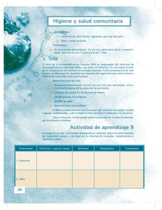 /D GLVSRVLFLyQ VH UHÀHUH DO OXJDU GRQGH VH GHEHQ DOPDFHQDU HVWRV UHVL-
duos dentro del domicilio o en sus cercanías, que debe ser temporal, pues luego
tales residuos han de ser recogidos (diariamente) para ser transportados hasta
VLWLRV DGHFXDGRV OHMRV GHO KRJDU D ÀQ GH HYLWDU WRGDV ODV FRPSOLFDFLRQHV GH VDOXG
PHQFLRQDGDV DQWHULRUPHQWH
3DUD HYLWDU PDORV RORUHV  OD JHQHUDFLyQ GH IRFRV GH LQIHFFLyQ HQ HO LQWHULRU
de los domicilios, existen algunas acciones que son de mucha importancia, como son:
} evitar el abuso en el consumo de productos con envases desechables, o
reutilizar estos envases de plástico como maceteros, lapiceros u otros,
para de esa manera reducir su número;
} usar recipientes con tapa para la recolección de estos residuos y erradi-
car la costumbre de quemarlos o enterrarlos lejos del domicilio, en sitios
GRQGH QR KDD HO VHUYLFLR GH UHFROHFFLyQ GH EDVXUD HQ OD FRPXQLGDG (VWD
medida es la más recomendable, ya que el quemar contamina el medio
DPELHQWH /RV UHFLSLHQWHV GHEHQ PDQWHQHUVH WDSDGRV PLHQWUDV VRQ UHFRJL-
GRV SDUD VX HOLPLQDFLyQ ÀQDO HQ OXJDUHV DGHFXDGRV OHMRV GH OD FRPXQLGDG
Composta: Este recurso es muy útil, ya que además proporciona abono o
WLHUUD GH PHMRU FDOLGDG SDUD ODV KRUWDOL]DV
3DUD KDFHU FRPSRVWD VH UHTXLHUH XQ UHFLSLHQWH GH FDSDFLGDG SDUD  R
 OLWURV HQ FXR IRQGR VH FRORFDQ KRMDV VHFDV GH FXDOTXLHU iUERO R WLHUUD SDUD
IRUPDU XQD FDSD GH  R  FHQWtPHWURV DSUR[LPDGDPHQWH VREUH OD TXH VH IRUPD
una segunda capa de residuos alimenticios, incluidos cáscaras de frutas u otros
UHVLGXRV GH RULJHQ RUJiQLFR H[FHSWR KXHVRV (QFLPD GH HVWD VHJXQGD FDSD VH
IRUPD RWUD GH WLHUUD  DVt VXFHVLYDPHQWH KDVWD OOHQDU HO UHFLSLHQWH /D ~OWLPD FDSD
GH WLHUUD VH GHEH PDQWHQHU K~PHGD WRGR HO WLHPSR (Q XQ ODSVR GH  D  VHPDQDV
aproximadamente, todo este producto se convertirá en tierra de mejor calidad,
TXH SXHGH VHU XVDGR HQ VHPEUDGRV KRUWDOL]DV HWF
Manejo higiénico de los alimentos
El manejo higiénico de los alimentos es de primordial importancia, ya que éstos
pueden ser la primera fuente de infecciones, sobre todo en época de calor, por la
IDFLOLGDG FRQ TXH SXHGHQ GHVFRPSRQHUVH 'HVFULELUHPRV D FRQWLQXDFLyQ ODV PHGL-
GDV PiV DGHFXDGDV SDUD SURWHJHUORV
La primera es siempre adquirir y preparar alimentos frescos, del día, no
refrigerados o almacenados para el día siguiente, sobre todo las carnes y verduras,
OD OHFKH ORV MXJRV ORV FKRFRODWHV HWF
Deben comprobarse las fechas de caducidad, que tienen que estar mencio-
QDGDV HQ HO PLVPR UHFLSLHQWH $VLPLVPR KD TXH WHQHU SUHVHQWHV ORV FDVRV GH DOHUJLDV
D GHWHUPLQDGRV DOLPHQWRV R FRQVHUYDV TXH WDPELpQ SXHGHQ FDXVDU GLDUUHDV
Los alimentos como frijol, arroz, azúcar, maíz y otros semejantes deben
guardarse en lugares frescos y en recipientes herméticamente cerrados para que
QR VHDQ LQYDGLGRV SRU RWURV DQLPDOHV R LQVHFWRV
Todas las frutas y verduras que se van a ingerir deben ser lavadas previa-
PHQWH FRQ DJXD  MDEyQ R GHVLQIHFWDGDV XVDQGR JRWDV GH FORUR R RGR (O SURFHGL-
miento para el uso de estos productos desinfectantes se encuentra indicado en el
PLVPR UHFLSLHQWH TXH ORV FRQWLHQH
18
Higiene y salud comunitaria
 