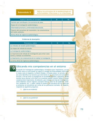 E $SDUHFH XQD HUXSFLyQ HQ ODV SDOPDV GH ODV PDQRV HQ ODV SODQWDV
GH ORV SLHV R HQ DOJXQD RWUD ]RQD GHO FXHUSR
F 3XHGH SUHVHQWDUVH ÀHEUH OHYH LQÁDPDFLyQ GH ORV JDQJOLRV OLQIiWL-
FRV  SpUGLGD GHO FDEHOOR
3) Etapa latente:
D /D JHQWH FRQ VtÀOLV TXH QR HV GLDJQRVWLFDGD D WLHPSR R TXH QR
UHFLEH WUDWDPLHQWR FRPSOHWR SXHGH HQWUDU D HVWD HWDSD
E En esta etapa no hay síntomas notables y la persona infectada no
SXHGH FRQWDJLDU D RWURV
F 8QD WHUFHUD SDUWH GH ODV SHUVRQDV TXH HVWiQ HQ HVWD HWDSD HP-
SHRUDQ  SDVDQ D OD HWDSD WHUFLDULD GH OD VtÀOLV
4) Etapa terciaria:
D En esta etapa pueden aparecer serios problemas como trastornos
PHQWDOHV FHJXHUD DQRPDOtDV FDUGLDFDV  WUDVWRUQRV QHXUROyJLFRV
E La persona infectada ya no puede transmitir las bacterias a otras
SHUVRQDV SHUR FRQWLQ~D HQ XQ SHULRGR LQGHÀQLGR GH GHWHULRUR
KDVWD OOHJDU D OD PXHUWH
34
Higiene y salud comunitaria
 