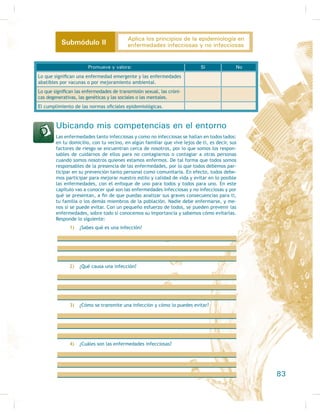 Resultado de aprendizaje 5:
Aplica técnicas básicas de
primeros auxilios
Evaluación diagnóstica
Descubriendo mis competencias profesionales
Evidencia de conocimiento:
Conoces los conceptos: Sí No
3ULPHURV DX[LOLRV
3ULPHU UHVSRQGLHQWH
6HJXULGDG SHUVRQDO
(YDOXDFLyQ GHO OHVLRQDGR
6LJQRV YLWDOHV
2EVWUXFFLyQ GH YtDV DpUHDV
5HVSLUDFLyQ GH VDOYDPHQWR
5HDQLPDFLyQ FDUGLRSXOPRQDU
Heridas, hemorragias, luxación, fracturas,
vendajes, urgencias ambientales, lesiones
ambientales por calor, quemaduras cutá-
neas por calor y por frío y enfermedades
PiV FRPXQHV HQ XUJHQFLDV
Evidencias de producto:
Eres capaz de: Sí No
$SOLFDU ORV SULPHURV DX[LOLRV D XQD SHUVRQD
VHJ~Q OD QRUPD RÀFLDO
(YDOXDU HQ WRGRV ORV DVSHFWRV D XQ OHVLRQDGR
5HDOL]DU OD UHDQLPDFLyQ FDUGLRSXOPRQDU
Manejar heridas, hemorragias, luxacio-
nes; realizar vendajes; atender lesiones
ambientales por calor y quemaduras, así
como lesiones cutáneas por frío y calor, y
manejar las enfermedades más comunes
HQ XUJHQFLDV
XPSOLU DSOLFDQGR OD QRUPD RÀFLDO
38
Higiene y salud comunitaria
 