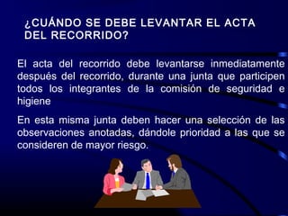 ¿CUÁNDO SE DEBE LEVANTAR EL ACTA
DEL RECORRIDO?
El acta del recorrido debe levantarse inmediatamente
después del recorrido, durante una junta que participen
todos los integrantes de la comisión de seguridad e
higiene
En esta misma junta deben hacer una selección de las
observaciones anotadas, dándole prioridad a las que se
consideren de mayor riesgo.
 
