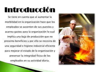 Se tiene en cuenta que al aumentar la
morbilidad en la organización hace que los
empleados se ausenten de sus puestos y
acarrea gastos para la organización lo cual
implica una baja de producción que no
presenta beneficios y por ello se necesita de
una seguridad e higiene industrial eficiente
para mejorar el estado de la organización y
preservar la integridad física de los
empleados en su actividad diaria.
 