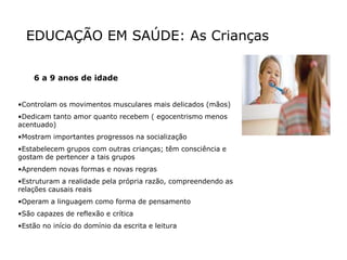 EDUCAÇÃO EM SAÚDE: As Crianças
6 a 9 anos de idade
•Controlam os movimentos musculares mais delicados (mãos)
•Dedicam tanto amor quanto recebem ( egocentrismo menos
acentuado)
•Mostram importantes progressos na socialização
•Estabelecem grupos com outras crianças; têm consciência e
gostam de pertencer a tais grupos
•Aprendem novas formas e novas regras
•Estruturam a realidade pela própria razão, compreendendo as
relações causais reais
•Operam a linguagem como forma de pensamento
•São capazes de reflexão e crítica
•Estão no início do domínio da escrita e leitura
 