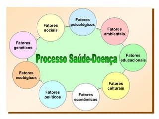 Fatores
genéticos
Fatores
ecológicos
Fatores
políticos
Fatores
econômicos
Fatores
culturais
Fatores
educacionais
Fatores
ambientais
Fatores
psicológicosFatores
sociais
 