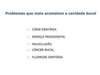 Problemas que mais acometem a cavidade bucal
CÁRIE DENTÁRIA
DOENÇA PERIODONTAL
MALOCLUSÃO
CÂNCER BUCAL
FLUOROSE DENTÁRIA
 