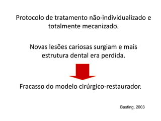 Protocolo de tratamento não-individualizado e
totalmente mecanizado.
Novas lesões cariosas surgiam e mais
estrutura dental era perdida.
Fracasso do modelo cirúrgico-restaurador.
Basting, 2003
 