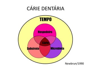 CÁRIE DENTÁRIA
TEMPO
Hospedeiro
Cárie
MicrobiotaSubstrato
Newbrun/1990
 