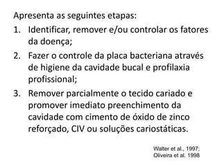 Apresenta as seguintes etapas:
1. Identificar, remover e/ou controlar os fatores
da doença;
2. Fazer o controle da placa bacteriana através
de higiene da cavidade bucal e profilaxia
profissional;
3. Remover parcialmente o tecido cariado e
promover imediato preenchimento da
cavidade com cimento de óxido de zinco
reforçado, CIV ou soluções cariostáticas.
Walter et al., 1997;
Oliveira et al. 1998
 