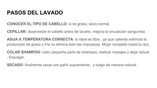 PASOS DEL LAVADO
CONOCER EL TIPO DE CABELLO: si es graso, seco,normal.
CEPILLAR: desenredar el cabello antes de lavarlo, mejora la circulación sanguínea.
AGUA A TEMPERATURA CORRECTA: lo ideal es tibia , ya que caliente estimula la
producción de grasa y fría no elimina bien las impurezas. Mojar completo hasta la raíz.
COLAR SHAMPOO: color pequeña parte de shampoo, realizar masajes y dejar actuar
. Enjuagar.
SECADO: finalmente secar con paño suavemente, y luego de manera natural.
 