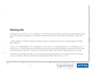 Bibliografía
• Martínez, F. G., Barrios, C. C. S., & Salinas, L. E. M. (2011). Conocimientos, actitudes y prácticas en salud
bucal de padres y cuidadores en hogares infantiles, Colombia. Salud pública de México, 53(3), 247-
257.
• Casals-Peidró, E. (2005). Hábitos de higiene oral en la población escolar y adulta española. RCOE,
10(4), 389-401.
• Lipa, L. A. B., VIllacampa, S. A. C., Reátegui, C. H. C., Alva, E. P., Huasupoma, M. S. V., Rodríguez, A. C., ...
& Aguirre, A. E. (2012). Nivel de conocimientos en salud bucal de las madres y su relación con el esta-
do de salud bucal del niño menor de cinco años de edad. Odontología sanmarquina, 15(1), 14-18.
• RODRÍGUEZ LLANES, Ricardo, et al. Factores de riesgo asociados con la caries dental en niños de
círculos infantiles. Revista Cubana de Estomatología, 2009, vol. 46, no 2, p. 0-0.
 