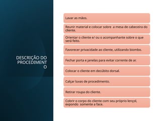 DESCRIÇÃO DO
PROCEDIMENT
O
Lavar as mãos.
Reunir material e colocar sobre a mesa de cabeceira do
cliente.
Orientar o cliente e/ ou o acompanhante sobre o que
será feito.
Favorecer privacidade ao cliente, utilizando biombo.
Fechar porta e janelas para evitar corrente de ar.
Colocar o cliente em decúbito dorsal.
Calçar luvas de procedimento.
Retirar roupa do cliente.
Cobrir o corpo do cliente com seu próprio lençol,
expondo somente a face.
 