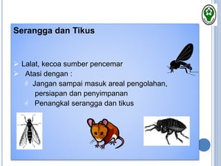 Serangga dan Tikus
 Lalat, kecoa sumber pencemar
 Atasi dengan :
 Jangan sampai masuk areal pengolahan,
persiapan dan penyimpanan
 Penangkal serangga dan tikus
 