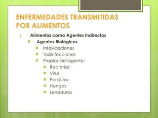 ENFERMEDADES TRANSMITIDAS POR ALIMENTOS Alimentos como Agentes Indirectos Agentes Biológicos Intoxicaciones Toxiinfecciones Propios del agente: Bacterias Virus Parásitos Hongos Levaduras 