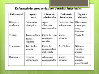 Enfermedades producidas por parásitos intestinales Enfermedad Agente causal Alimentos  relacionados Período de incubación Signos y síntomas Disentería amebiana Entamoeba histolytica Agua alimentos contaminados De varios días a 4 semanas Diarrea con moco, pus, sangre; tenesmo Teniasis Taenia solium Taenia saginata Carne de res o cerdo poco cocidas Varias semanas Variable Triquinosis Trichinella spiralis Carne de cerdo cruda o mal cocida 2 – 28 días Nàuseas, vómitos, diarrea Oxiuriasis Oxiurus vermicularis Alimentos contaminados Varias semanas Vómitos, diarrea, escozor anal 