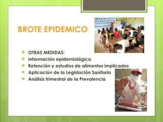 BROTE EPIDEMICO OTRAS MEDIDAS: Información epidemiológica Retención y estudios de alimentos implicados Aplicación de la Legislación Sanitaria Análisis trimestral de la Prevalencia 