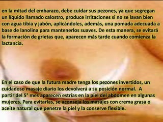 en la mitad del embarazo, debe cuidar sus pezones, ya que segregan
un líquido llamado calostro, produce irritaciones si no se lavan bien
con agua tibia y jabón, aplicándoles, además, una pomada adecuada a
base de lanolina para mantenerlos suaves. De esta manera, se evitará
la formación de grietas que, aparecen más tarde cuando comienza la
lactancia.
En el caso de que la futura madre tenga los pezones invertidos, un
cuidadoso masaje diario los devolverá a su posición normal. A
partir del 5° mes aparecen estrías en la piel del abdomen en algunas
mujeres. Para evitarlas, se aconseja los masajes con crema grasa o
aceite natural que penetre la piel y la conserve flexible.
 
