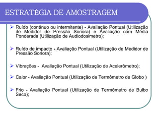 ESTRATÉGIA DE AMOSTRAGEM
 Ruído (contínuo ou intermitente) - Avaliação Pontual (Utilização
de Medidor de Pressão Sonora) e Avaliação com Média
Ponderada (Utilização de Audiodosimetro);
 Ruído de impacto - Avaliação Pontual (Utilização de Medidor de
Pressão Sonora);
 Vibrações - Avaliação Pontual (Utilização de Acelerômetro);
 Calor - Avaliação Pontual (Utilização de Termômetro de Globo )
 Frio - Avaliação Pontual (Utilização de Termômetro de Bulbo
Seco);
 