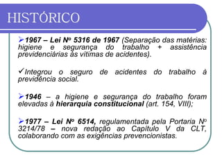 HISTÓRICO
1967 – Lei No 5316 de 1967 (Separação das matérias:
higiene e segurança do trabalho + assistência
previdenciárias às vítimas de acidentes).
Integrou o seguro de acidentes do trabalho à
previdência social.
1946 – a higiene e segurança do trabalho foram
elevadas à hierarquia constitucional (art. 154, VIII);
1977 – Lei No 6514, regulamentada pela Portaria No
3214/78 – nova redação ao Capítulo V da CLT,
colaborando com as exigências prevencionistas.
 