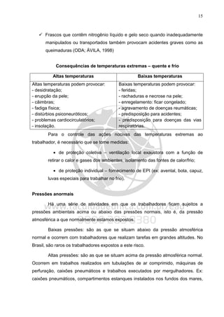 15
Frascos que contêm nitrogênio líquido e gelo seco quando inadequadamente
manipulados ou transportados também provocam acidentes graves como as
queimaduras (ODA; ÁVILA, 1998)
Consequências de temperaturas extremas – quente e frio
Altas temperaturas Baixas temperaturas
Altas temperaturas podem provocar:
- desidratação;
- erupção da pele;
- câimbras;
- fadiga física;
- distúrbios psiconeuróticos;
- problemas cardiocirculatórios;
- insolação.
Baixas temperaturas podem provocar:
- feridas;
- rachaduras e necrose na pele;
- enregelamento: ficar congelado;
- agravamento de doenças reumáticas;
- predisposição para acidentes;
- predisposição para doenças das vias
respiratórias.
Para o controle das ações nocivas das temperaturas extremas ao
trabalhador, é necessário que se tome medidas:
• de proteção coletiva – ventilação local exaustora com a função de
retirar o calor e gases dos ambientes, isolamento das fontes de calor/frio;
• de proteção individual – fornecimento de EPI (ex: avental, bota, capuz,
luvas especiais para trabalhar no frio).
Pressões anormais
Há uma série de atividades em que os trabalhadores ficam sujeitos a
pressões ambientais acima ou abaixo das pressões normais, isto é, da pressão
atmosférica a que normalmente estamos expostos.
Baixas pressões: são as que se situam abaixo da pressão atmosférica
normal e ocorrem com trabalhadores que realizam tarefas em grandes altitudes. No
Brasil, são raros os trabalhadores expostos a este risco.
Altas pressões: são as que se situam acima da pressão atmosférica normal.
Ocorrem em trabalhos realizados em tubulações de ar comprimido, máquinas de
perfuração, caixões pneumáticos e trabalhos executados por mergulhadores. Ex:
caixões pneumáticos, compartimentos estanques instalados nos fundos dos mares,
 