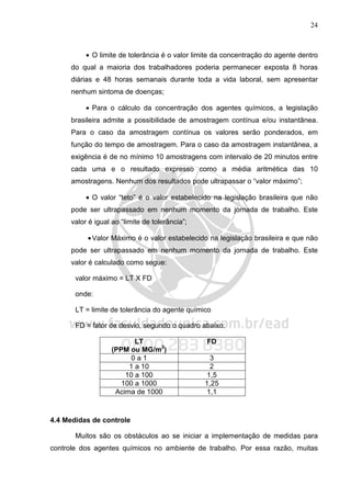 24
• O limite de tolerância é o valor limite da concentração do agente dentro
do qual a maioria dos trabalhadores poderia permanecer exposta 8 horas
diárias e 48 horas semanais durante toda a vida laboral, sem apresentar
nenhum sintoma de doenças;
• Para o cálculo da concentração dos agentes químicos, a legislação
brasileira admite a possibilidade de amostragem contínua e/ou instantânea.
Para o caso da amostragem contínua os valores serão ponderados, em
função do tempo de amostragem. Para o caso da amostragem instantânea, a
exigência é de no mínimo 10 amostragens com intervalo de 20 minutos entre
cada uma e o resultado expresso como a média aritmética das 10
amostragens. Nenhum dos resultados pode ultrapassar o “valor máximo”;
• O valor “teto” é o valor estabelecido na legislação brasileira que não
pode ser ultrapassado em nenhum momento da jornada de trabalho. Este
valor é igual ao “limite de tolerância”;
•Valor Máximo é o valor estabelecido na legislação brasileira e que não
pode ser ultrapassado em nenhum momento da jornada de trabalho. Este
valor é calculado como segue:
valor máximo = LT X FD
onde:
LT = limite de tolerância do agente químico
FD = fator de desvio, segundo o quadro abaixo:
LT
(PPM ou MG/m3
)
FD
0 a 1 3
1 a 10 2
10 a 100 1,5
100 a 1000 1,25
Acima de 1000 1,1
4.4 Medidas de controle
Muitos são os obstáculos ao se iniciar a implementação de medidas para
controle dos agentes químicos no ambiente de trabalho. Por essa razão, muitas
 